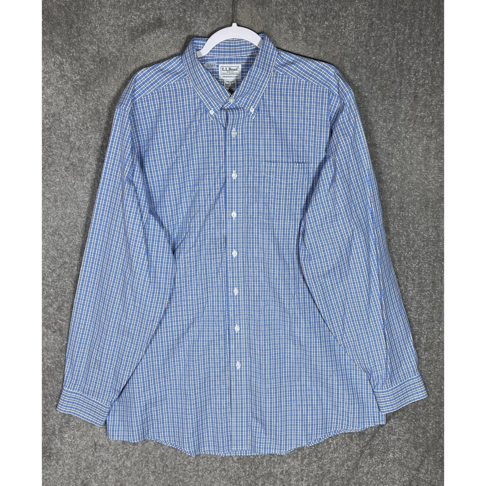 LL Bean Traditional Fit Button Down Shirt Mens Size 17-37 Blue White Plaid